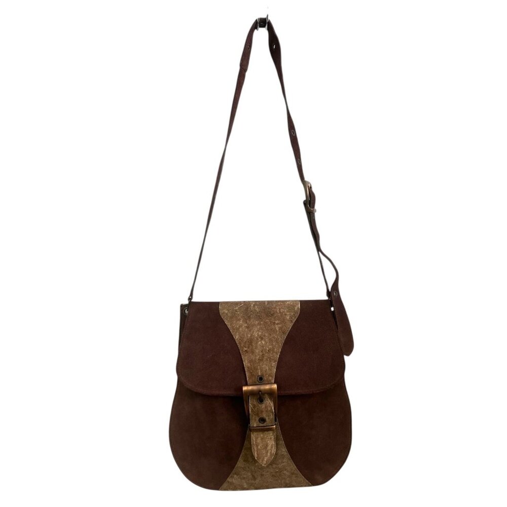 Patrizia Pepe Suede Leather Flap Buckle Crossbody Satchel Brown Western Boho